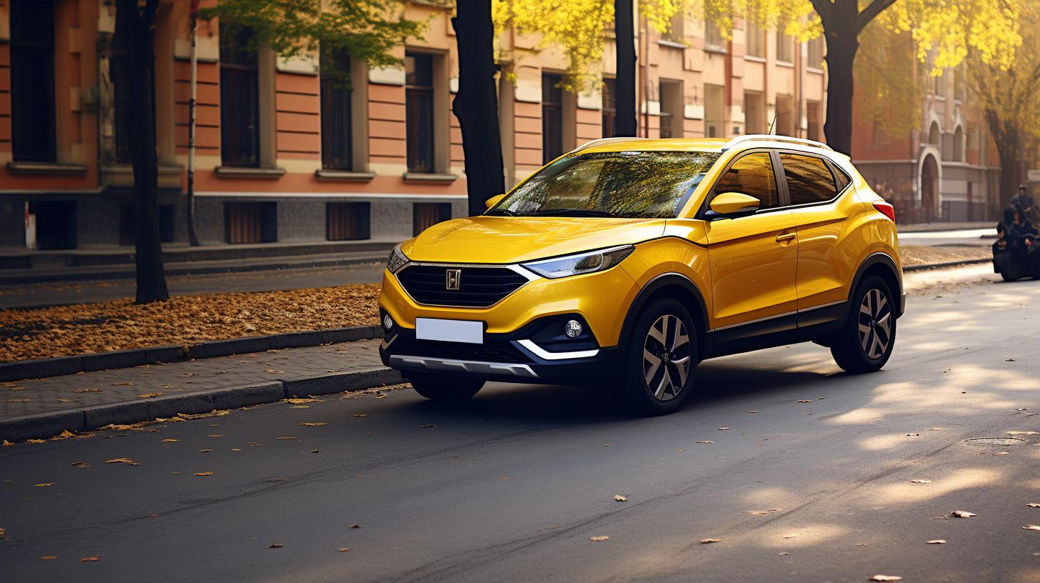generate an image of a yellow Lada VESTA Cross (VAZ) in the cityфото